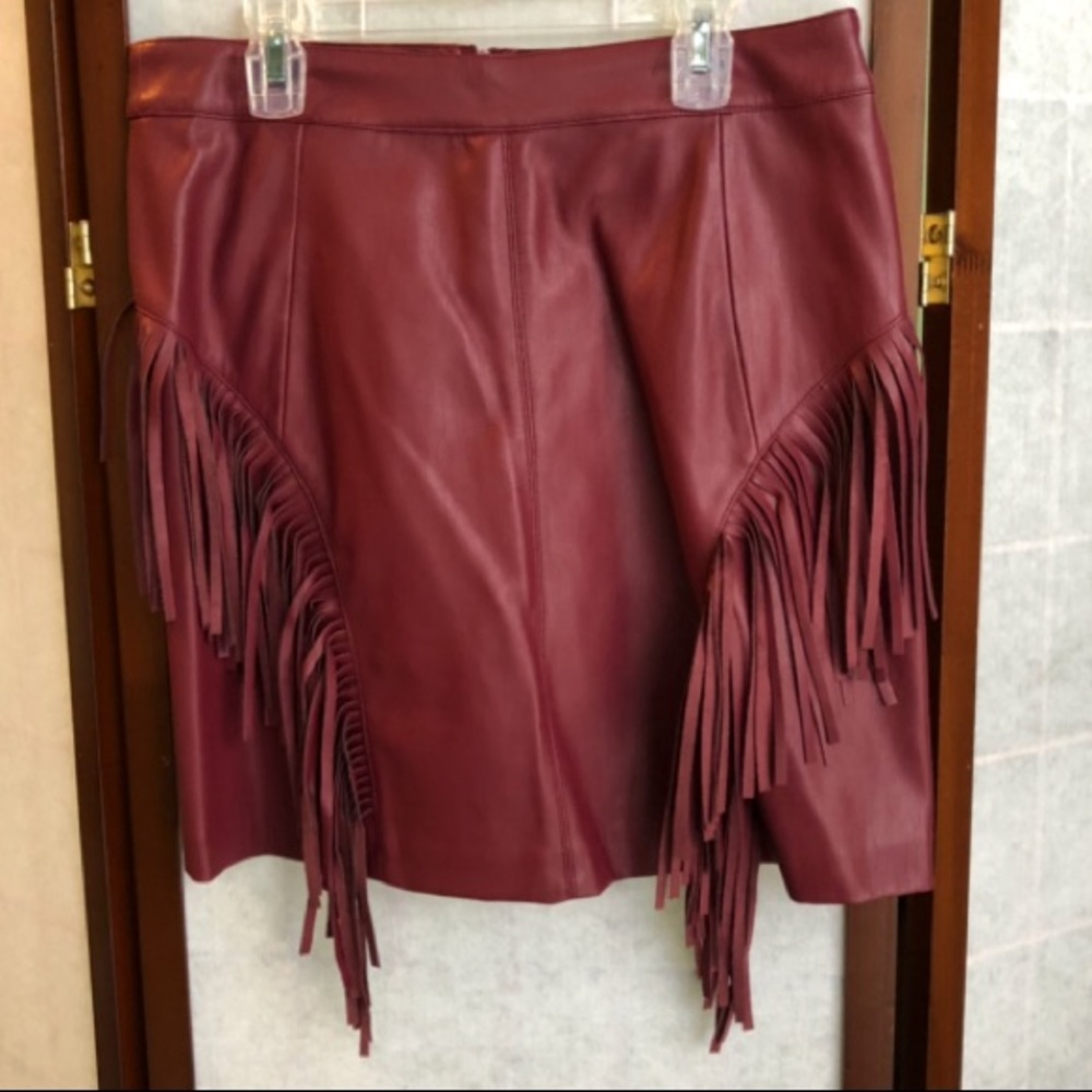 Burgundy Romeo & Juliet Faux Leather Fringed Skirt